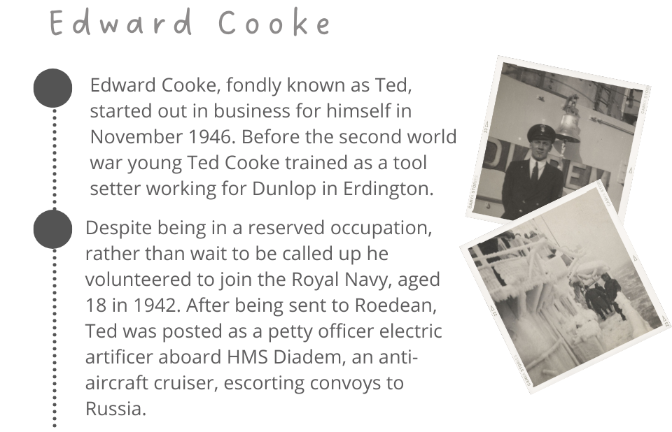 Edward Cooke, fondly known as Ted, started out in business for himself in November 1946. Before the second world war young Ted Cooke trained as a tool setter working for Dunlop in Erdington. 